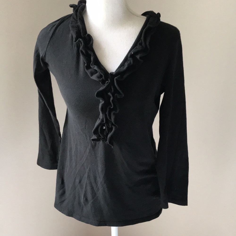 J. Crew Black Ruffle Front Long Sleeve V-Neck Top Size M